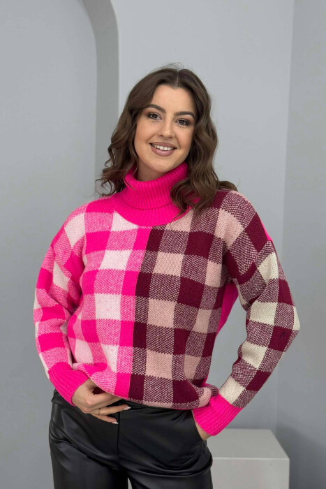HIGH NECK SQUARE DESIGN WOMEN SWEATER FUCHSIA/CIKLAMI 
