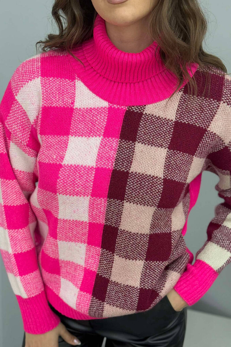 HIGH NECK SQUARE DESIGN WOMEN SWEATER FUCHSIA/CIKLAMI - 2
