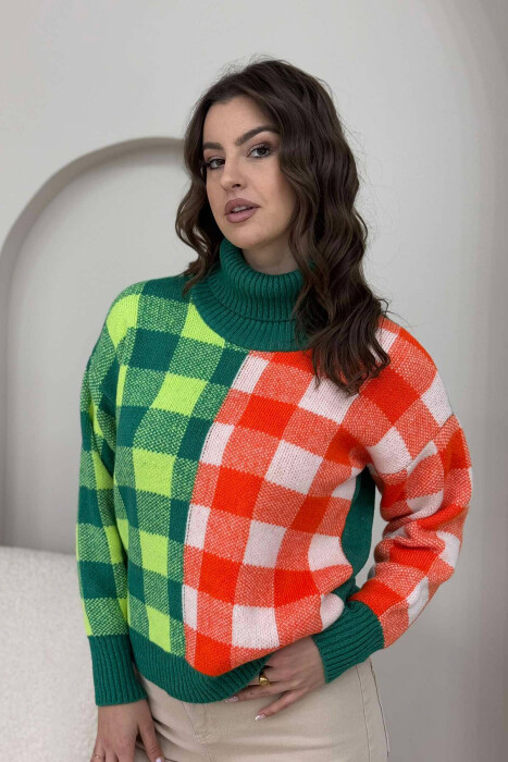 HIGH NECK SQUARE DESIGN WOMEN SWEATER GREEN/JESHILE 