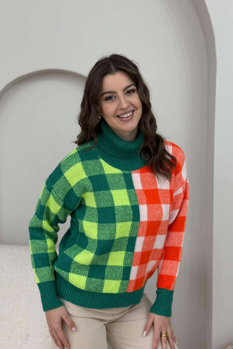 HIGH NECK SQUARE DESIGN WOMEN SWEATER GREEN/JESHILE - 4