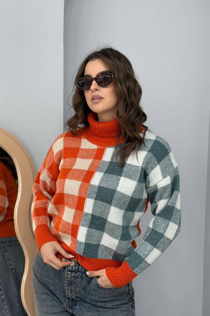 HIGH NECK SQUARE DESIGN WOMEN SWEATER ORANGE/PORTOKALLI - 1