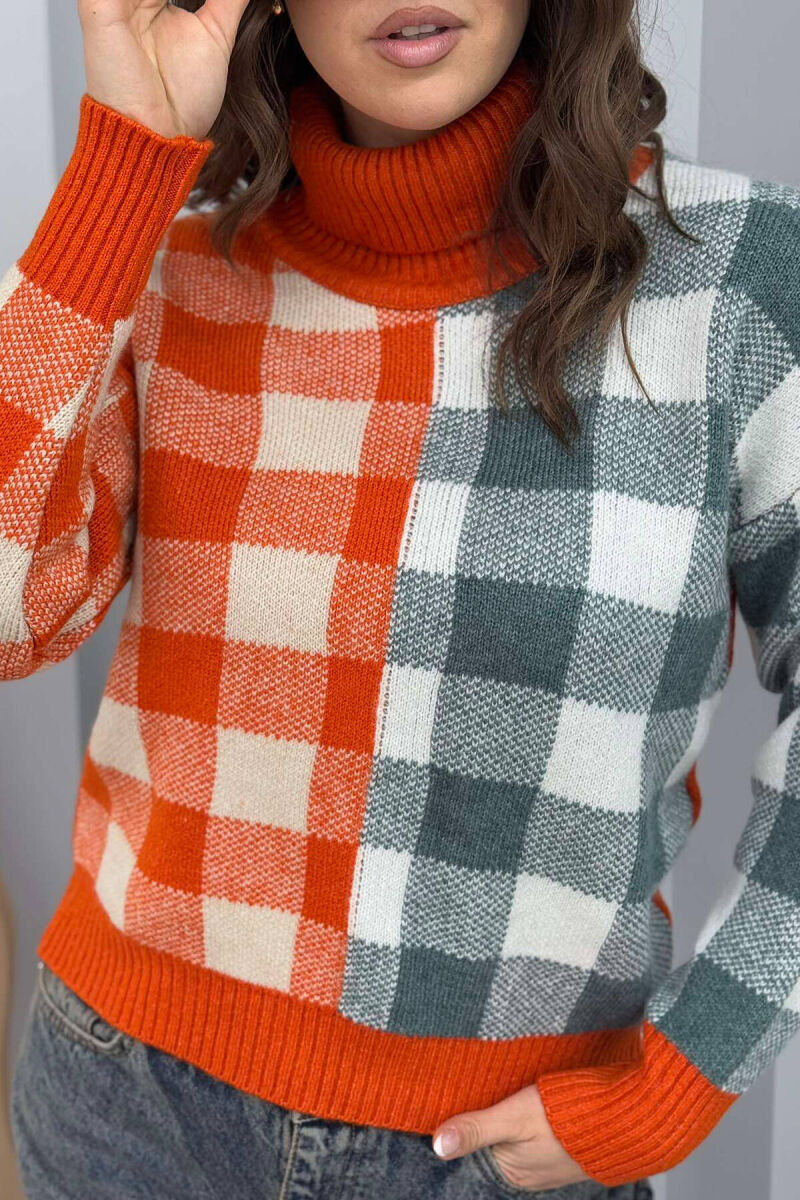 HIGH NECK SQUARE DESIGN WOMEN SWEATER ORANGE/PORTOKALLI - 4