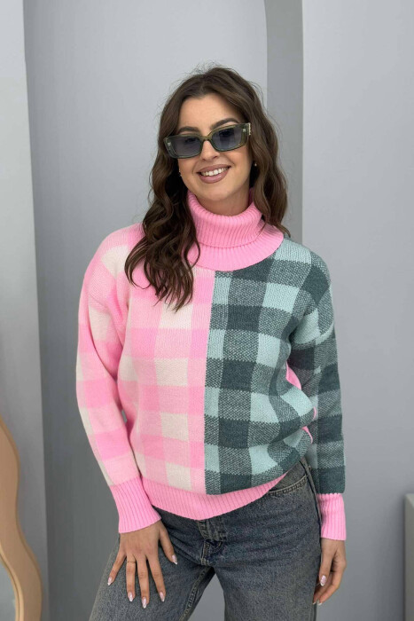 HIGH NECK SQUARE DESIGN WOMEN SWEATER PINK/ROZE 