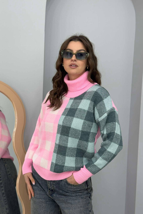 HIGH NECK SQUARE DESIGN WOMEN SWEATER PINK/ROZE - 2