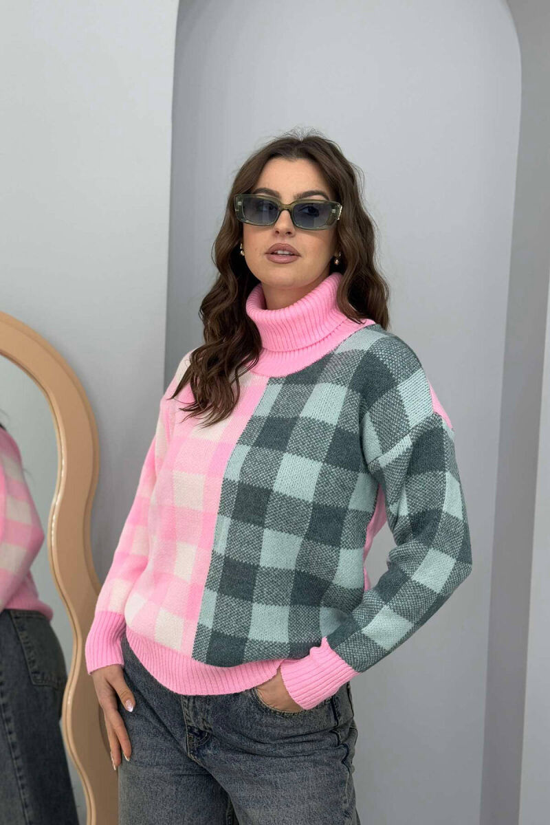 HIGH NECK SQUARE DESIGN WOMEN SWEATER PINK/ROZE - 2