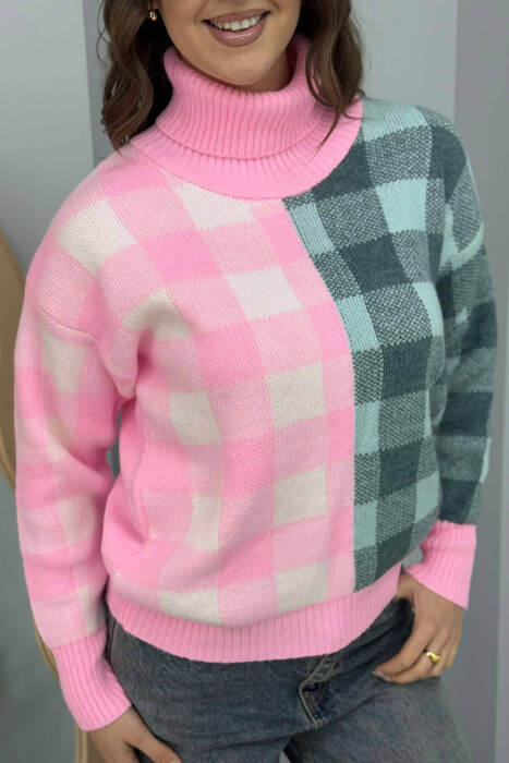 HIGH NECK SQUARE DESIGN WOMEN SWEATER PINK/ROZE - 4