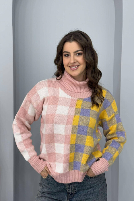 HIGH NECK SQUARE DESIGN WOMEN SWEATER POWDER/PUDER 