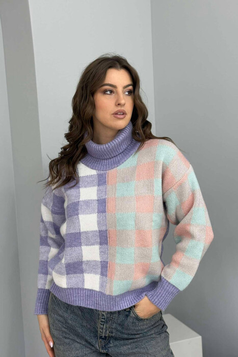HIGH NECK SQUARE DESIGN WOMEN SWEATER PURPLE/LEJLA 