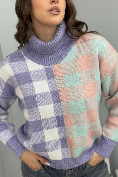 HIGH NECK SQUARE DESIGN WOMEN SWEATER PURPLE/LEJLA - 3