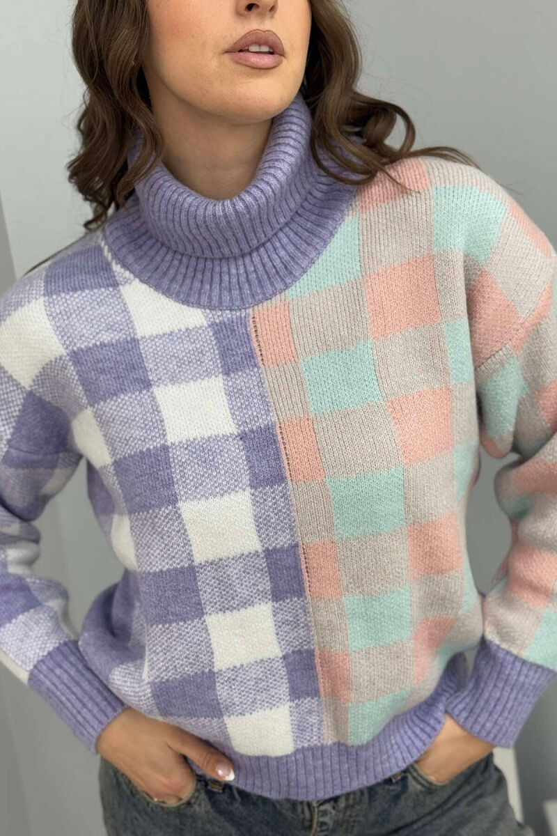 HIGH NECK SQUARE DESIGN WOMEN SWEATER PURPLE/LEJLA - 3