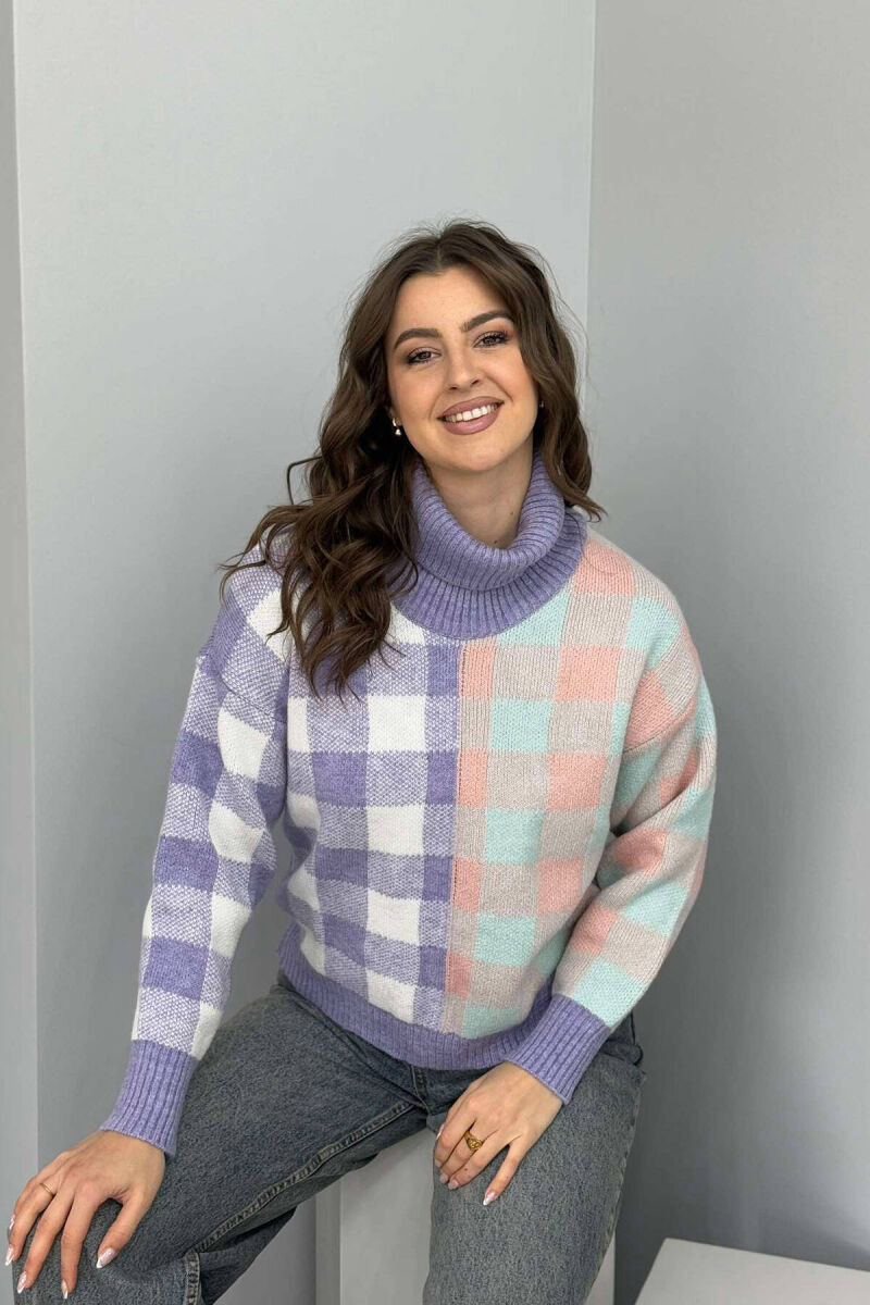 HIGH NECK SQUARE DESIGN WOMEN SWEATER PURPLE/LEJLA - 4