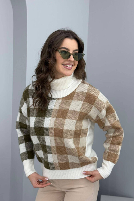 HIGH NECK SQUARE DESIGN WOMEN SWEATER WHITE-E BARDHE 