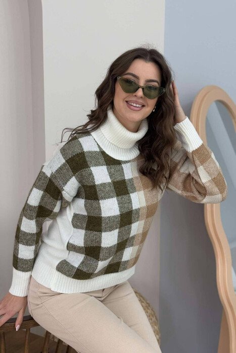 HIGH NECK SQUARE DESIGN WOMEN SWEATER WHITE-E BARDHE - 3