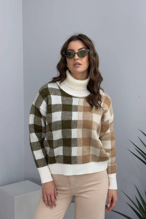HIGH NECK SQUARE DESIGN WOMEN SWEATER WHITE-E BARDHE - 4