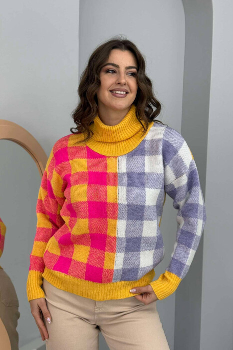 HIGH NECK SQUARE DESIGN WOMEN SWEATER YELLOW/E VERDHE 