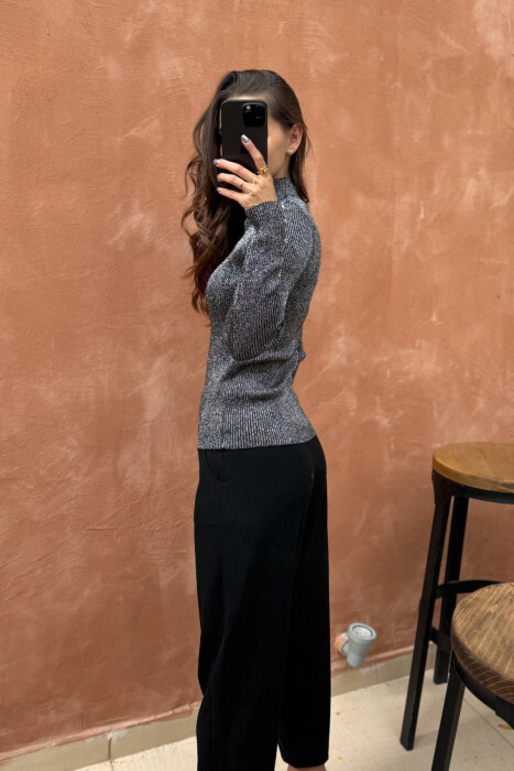 HIGH NECK STONES DETAIL SHINY WOMEN SWEATER BLACK/ E ZEZE - 3