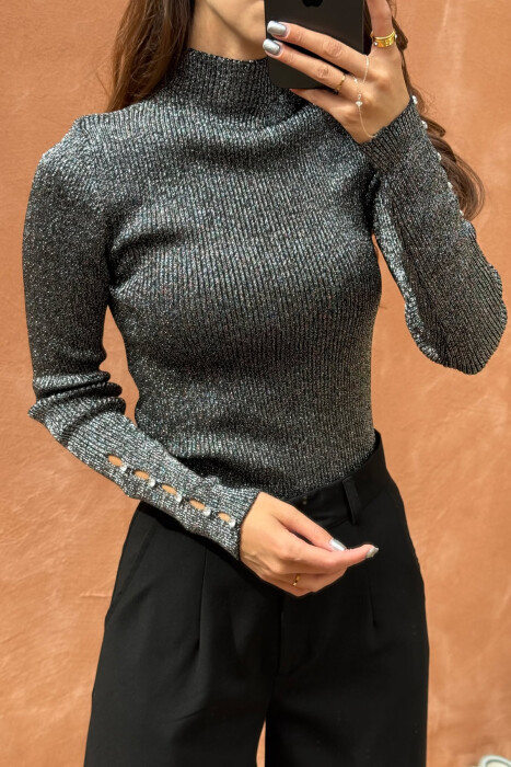 HIGH NECK STONES DETAIL SHINY WOMEN SWEATER BLACK/ E ZEZE - 4