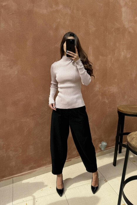 HIGH NECK STONES DETAIL SHINY WOMEN SWEATER POWDER/PUDER - 1