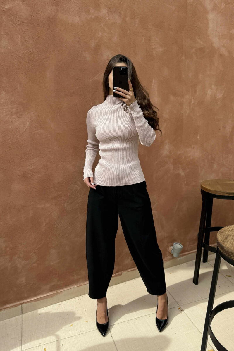 HIGH NECK STONES DETAIL SHINY WOMEN SWEATER POWDER/PUDER - 1