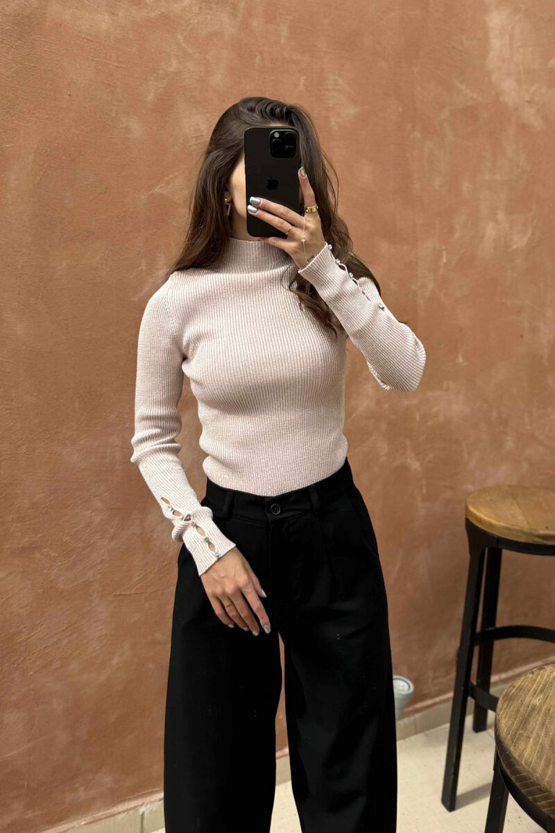 HIGH NECK STONES DETAIL SHINY WOMEN SWEATER POWDER/PUDER - 4