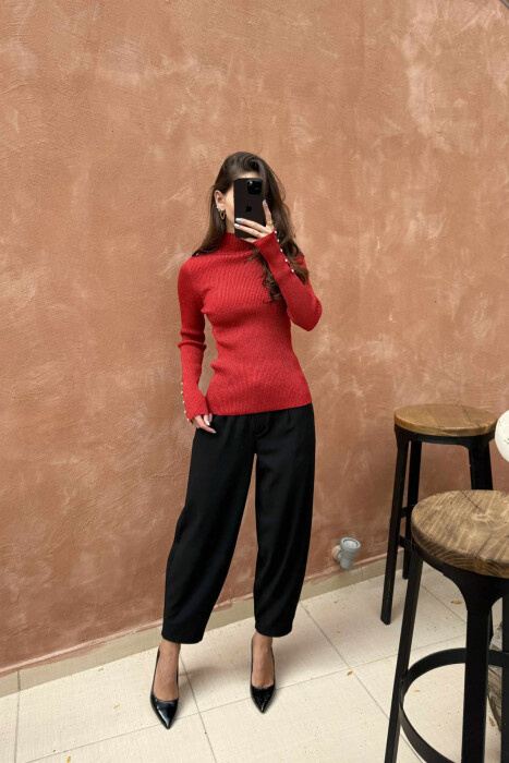 HIGH NECK STONES DETAIL SHINY WOMEN SWEATER RED/E KUQE 