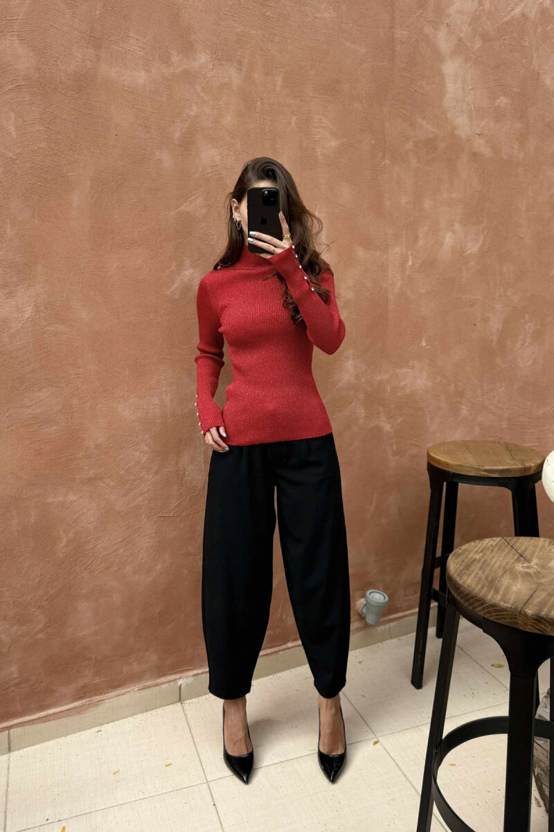 HIGH NECK STONES DETAIL SHINY WOMEN SWEATER RED/E KUQE - 2