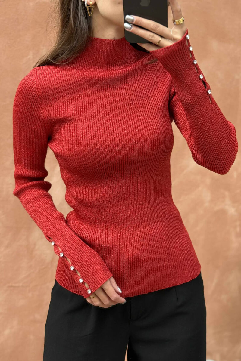 HIGH NECK STONES DETAIL SHINY WOMEN SWEATER RED/E KUQE - 3