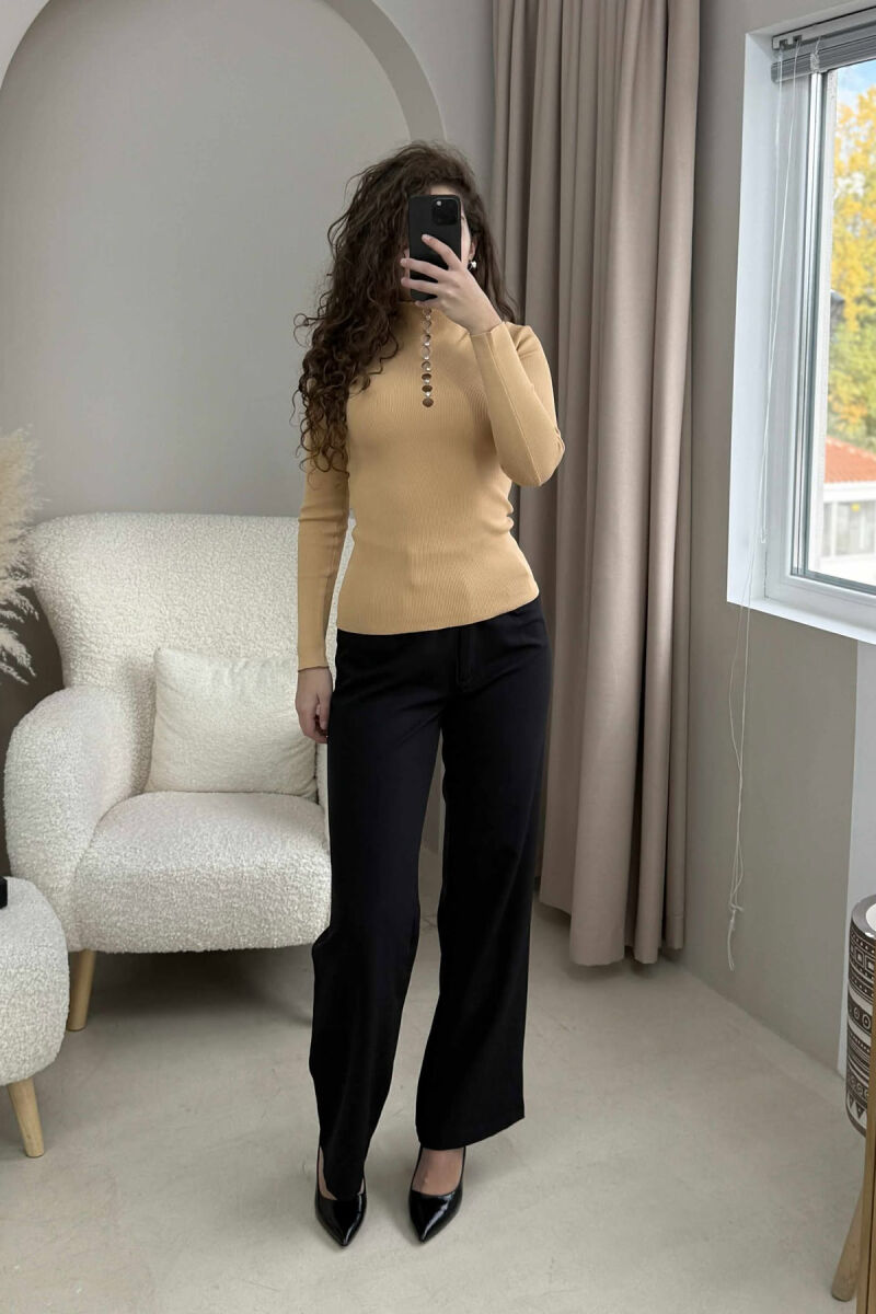 HIGH NECK STONES DETAIL WOMEN SWEATER BEIGE/BEZHE - 1