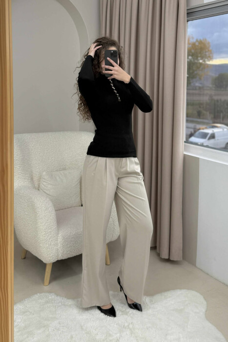 HIGH NECK STONES DETAIL WOMEN SWEATER BLACK/ E ZEZE - 3