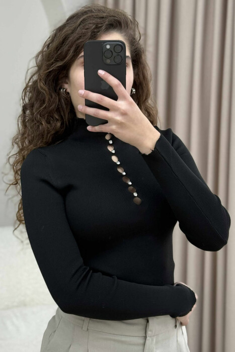 HIGH NECK STONES DETAIL WOMEN SWEATER BLACK/ E ZEZE - 4