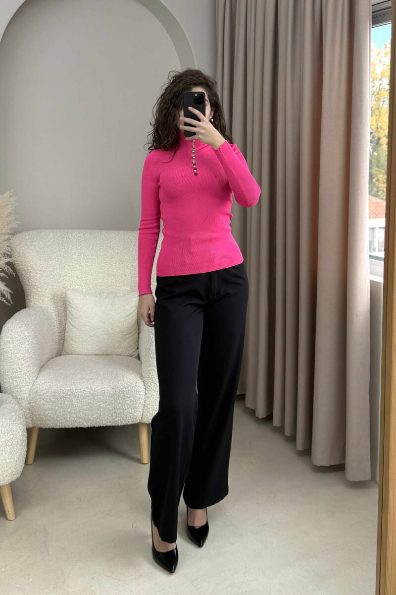 HIGH NECK STONES DETAIL WOMEN SWEATER FUCHSIA/CIKLAMI - 1