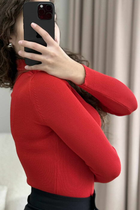 HIGH NECK STONES DETAIL WOMEN SWEATER RED/E KUQE - 5