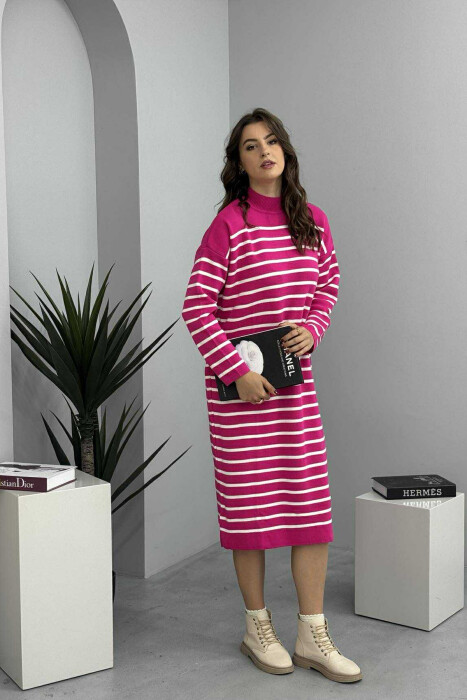 FUSTAN I GJATË ME VIJA DHE JAKË GOLF PËR FEMRA NË NGJYRË CIKLAMI - 