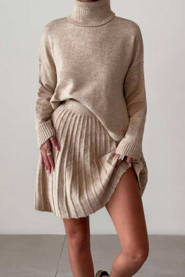 HIGH NECK SWEATER+SHORT SKIRT KNIT WOMAN SET BEIGE/BEZHE 