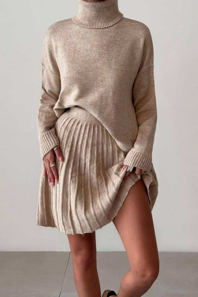 HIGH NECK SWEATER+SHORT SKIRT KNIT WOMAN SET BEIGE/BEZHE - 1