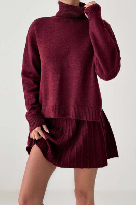 HIGH NECK SWEATER+SHORT SKIRT KNIT WOMAN SET BURGUNDY/VISHNJE 