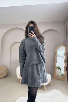 HIGH NECK SWEATER+SHORT SKIRT KNIT WOMAN SET GREY/GRI 