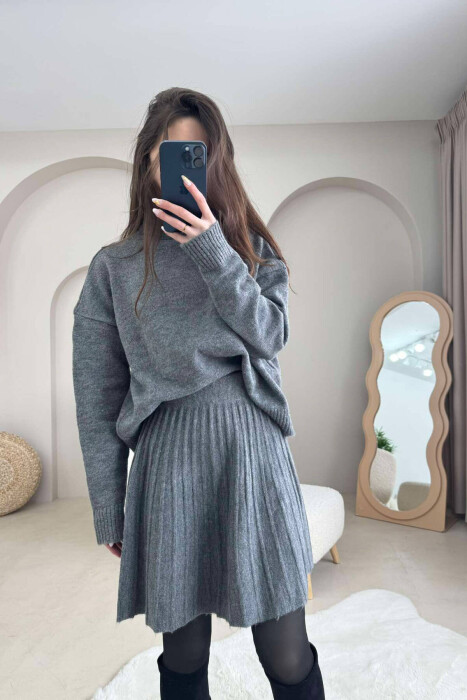 HIGH NECK SWEATER+SHORT SKIRT KNIT WOMAN SET GREY/GRI - 2