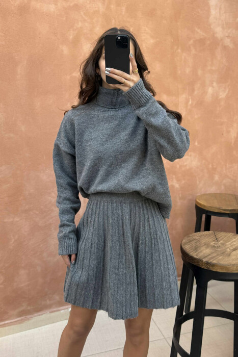 HIGH NECK SWEATER+SHORT SKIRT KNIT WOMAN SET GREY/GRI - 3