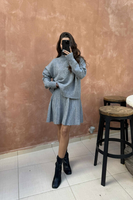 HIGH NECK SWEATER+SHORT SKIRT KNIT WOMAN SET LIGHT GREY/GZ 