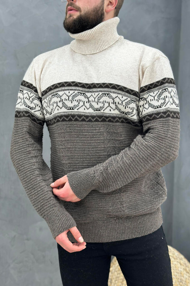 HIGH NECK TWO COLOR MAN SWEATER BROWN/KAFE - 2