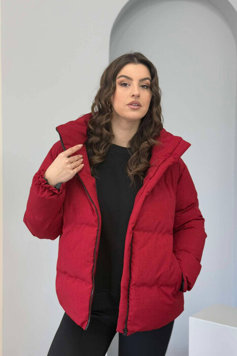 HIGH NECK WOMEN PUFFER JACKET IN BURGUNDY COLOR 