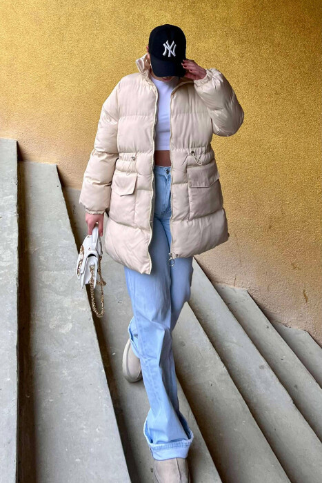 HIGH NECK WOMEN PUFFER JACKET IN CREAM COLOR 