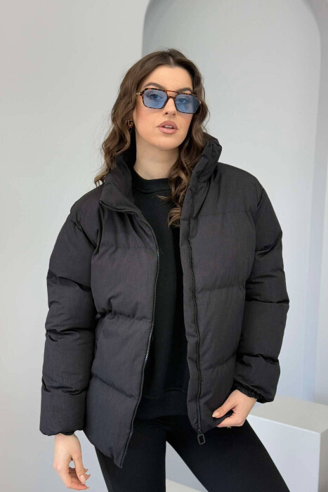 HIGH NECK WOMEN PUFFER JACKET IN DARK GREY COLOR 