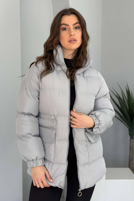 HIGH NECK WOMEN PUFFER JACKET IN GREY COLOR 