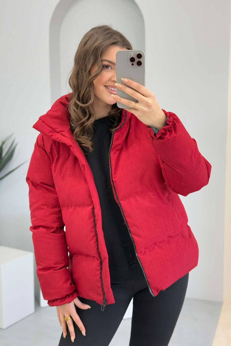 HIGH NECK WOMEN PUFFER JACKET IN BURGUNDY COLOR - 5