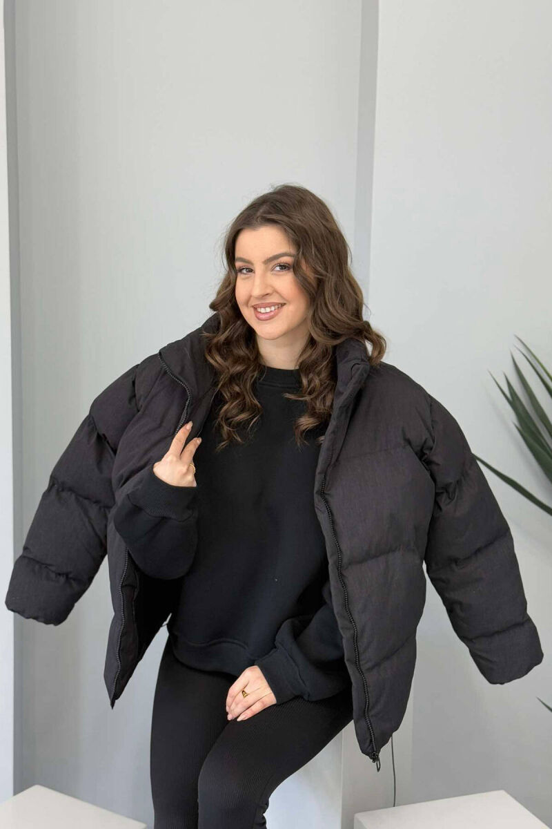 HIGH NECK WOMEN PUFFER JACKET IN DARK GREY COLOR - 3