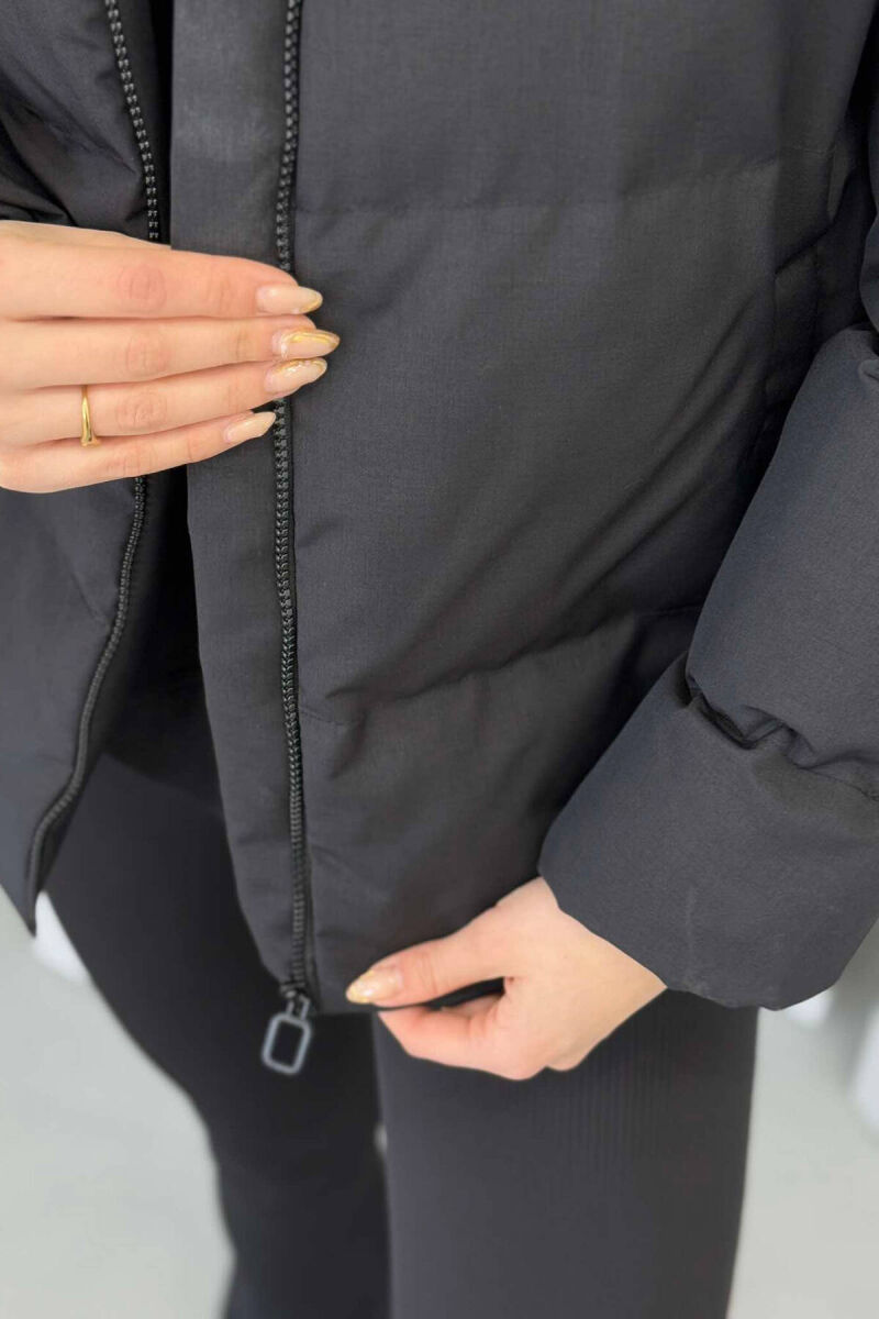 HIGH NECK WOMEN PUFFER JACKET IN GLOSSY BLACK COLOR - 2