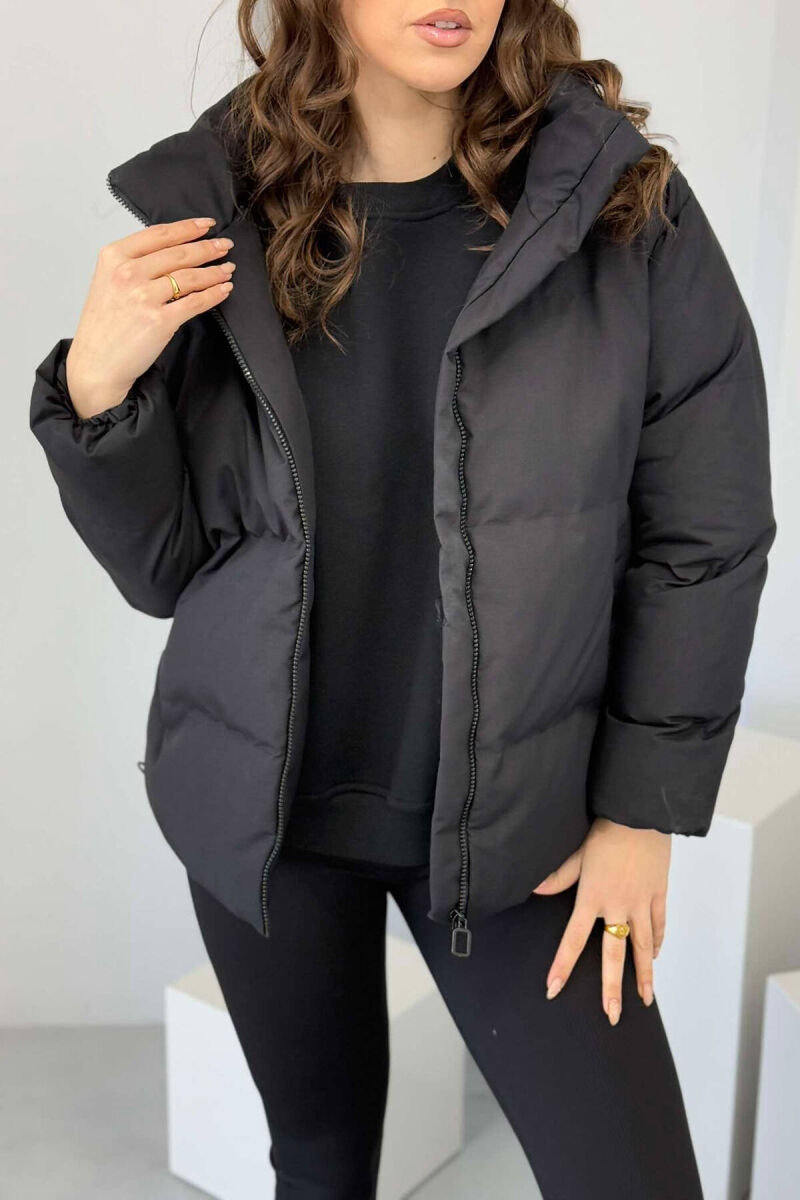 HIGH NECK WOMEN PUFFER JACKET IN GLOSSY BLACK COLOR - 4