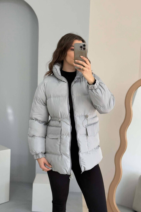 HIGH NECK WOMEN PUFFER JACKET IN GREY COLOR - 4